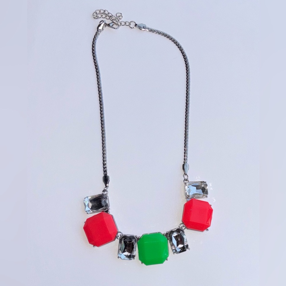 Summer Statement Necklace with Hot Pink, Neon Green, and Clear Crystal Stones